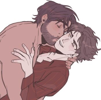 2boys arcane:_league_of_legends arcane_jayce beard brown_hair closed_eyes collared_shirt commentary couple dark-skinned_male dark_skin dutch_angle facial_hair hand_on_another's_neck hand_on_another's_shoulder hashtag-only_commentary highres jayce_(league_of_legends) kiss kissing_cheek league_of_legends long_sleeves male_focus multiple_boys nude oooyinghu open_collar red_shirt shirt short_hair simple_background smile teeth thick_eyebrows upper_teeth_only viktor_(arcane) viktor_(league_of_legends) wavy_hair white_background yaoi