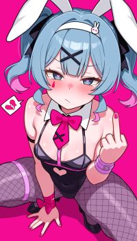 Rule 34 | 1girl, absurdres, animal ears, black leotard, blue hair, blush, breasts, broken heart, closed mouth, clothing cutout, commentary request, covered navel, fake animal ears, fishnet pantyhose, fishnets, hair ornament, hairband, hatsune miku, heart, heart-shaped pupils, heart cutout, highres, leotard, looking at viewer, middle finger, multicolored hair, pantyhose, pink background, pink hair, pink nails, playboy bunny, purple pantyhose, rabbit ears, rabbit hole (vocaloid), shiguren 39, simple background, small breasts, solo, speech bubble, spoken heart, spread legs, squatting, symbol-shaped pupils, tearing up, tears, thigh strap, twintails, two-tone hair, vocaloid, white hairband, x hair ornament