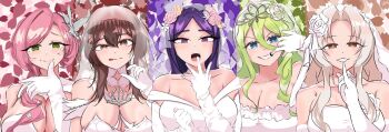 5girls :d bare_shoulders blonde_hair blue_eyes bonnouji_momoha breasts bridal_veil brown_background brown_eyes brown_hair cleavage closed_mouth collar collarbone dress frin gloves green_background green_eyes green_hair hair_between_eyes hanazono_hahari jiai_chiyu kimi_no_koto_ga_dai_dai_dai_dai_daisuki_na_100-nin_no_kanojo large_breasts long_hair looking_at_viewer matching_hair/eyes mature_female momohabest1243 morikita_kimari multiple_girls open_mouth petals pink_background pink_hair purple_background purple_eyes purple_hair short_hair_with_long_locks smile tongue tongue_out upper_body veil wedding_dress white_dress white_gloves yamato_nadeshiko_(hyakkano)
