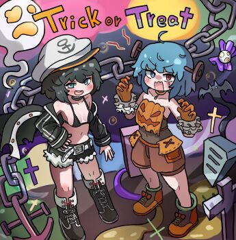 1girl alternate_costume anchor anchor_symbol aqua_eyes bat_(animal) belt bikini bikini_top_only black_bikini black_hair black_jacket black_rock_shooter black_rock_shooter_(character) black_rock_shooter_(character)_(cosplay) black_shoes black_shorts blue_eyes blush breasts brown_shoes brown_shorts chain choker cosplay cross full_body ghost gloves halloween hand_on_own_hip hat heterochromia highres jack-o&#039;-lantern_print jacket jewelry looking_at_viewer murasa_minamitsu navel object_through_head off_shoulder orange_gloves pendant red_eyes screw_in_head shoes short_hair short_shorts shorts small_breasts standing stellar_197 stitched_face stitches swimsuit tatara_kogasa tombstone touhou white_hat