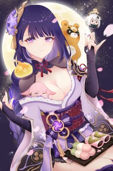 1girl armor asymmetrical_sleeves ayumilmw bear blue_pupils blunt_bangs braid breasts bridal_gauntlets character_doll cherry_blossoms chewing cleavage closed_mouth collarbone commentary_request creature dango doll eating electro_slime_(genshin_impact) electro_symbol_(genshin_impact) eyeliner falling_petals fan_hair_ornament flower flower_ornament food fox_girl from_side full_moon genshin_impact glowing gradient_hair guoba_(genshin_impact) head_tilt highres holding japanese_clothes kimono large_breasts leaning_to_the_side light_particles lingerie long_braid long_hair looking_at_viewer makeup mitsudomoe_(shape) mochi mole mole_under_eye moon moonlight multicolored_hair mutant_electro_slime_(genshin_impact) neck_ribbon night night_sky off_shoulder outdoors paimon_(genshin_impact) petals pink_petals primogem purple_eyes purple_flower purple_hair purple_kimono purple_nails purple_thighhighs raiden_shogun red_eyeliner red_ribbon red_sash ribbon sakura_mochi sash shade shoulder_armor single_braid sitting sky slime_(genshin_impact) streaked_hair thighhighs tomoe_(symbol) toy tray underwear uneven_sleeves upper_body wagashi wide_sleeves yae_miko yae_miko_(fox)