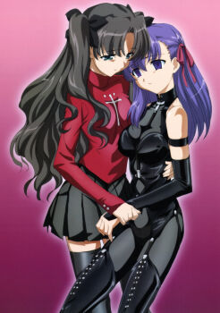 2girls absurdres after_rape after_vaginal aftersex bare_shoulders black_bow black_garter_belt black_garter_straps black_hair black_pantyhose black_ribbon black_skirt black_sleeves black_socks black_suit blue_eyes bow breasts closed_mouth collarbone detached_sleeves dot_nose fate/stay_night fate_(series) female_focus formal_clothes garter_belt garter_straps gimp_suit hair_bow hair_ribbon hand_on_another&#039;s_hip hand_on_another&#039;s_waist highres large_breasts long_sleeves matou_sakura medium_breasts midriff mind_break miniskirt multiple_girls navel pants pantyhose pink_background pleated_skirt purple_eyes purple_hair red_bow red_ribbon red_shirt ribbon scan sexually_suggestive shirt siblings sisters skimpy_outfit skirt socks stomach studio_deen suit thighhighs tight_clothes tight_pants tohsaka_rin twintails type-moon zettai_ryouiki