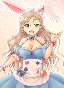 1girl akihara_ryou alice_(alice_in_wonderland) alice_(alice_in_wonderland)_(cosplay) animal_ear_hairband animal_ears blonde_hair blue_dress blue_sleeves breasts choker cleavage clock cosplay detached_sleeves dress fake_animal_ears frilled_choker frilled_sleeves frilled_wrist_cuffs frills green_eyes hairband highres iris_mysteria! large_breasts long_hair looking_at_viewer maid_headdress open_mouth rabbit_ear_hairband rabbit_ears sleeveless sleeveless_dress smile solo white_wrist_cuffs will_(iris_mysteria!) wrist_cuffs