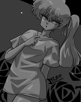 1girl artist_name breasts collarbone cowboy_shot floral_background greyscale hand_up kunou_kodachi large_breasts monochrome ponytail pulling_own_clothes ranma_1/2 shirt short_sleeves signature solo t-shirt wanta_(futoshi)
