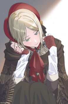 1girl ascot blonde_hair bloodborne bonnet brown_cloak cloak closed_mouth commentary english_commentary eyelashes gem green_eyes green_gem highres plain_doll red_ascot red_bonnet sitting smile solo susukeya