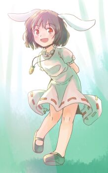 1girl :d animal_ears black_hair black_shoes blush carrot_necklace commentary_request floppy_ears foliage full_body green_background inaba_tewi jewelry knees necklace no_socks one-hour_drawing_challenge open_mouth petticoat pink_skirt puffy_short_sleeves puffy_sleeves rabbit_ears rangycrow red_eyes ribbon-trimmed_skirt ribbon_trim shoes short_sleeves sideways_glance skirt smile solo touhou