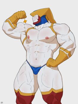 Rule 34 | 1boy, abs, bara, biceps, bikini briefs, bodysuit, bulge, cowboy shot, cwaffle26, flexing, large pectorals, looking to the side, male focus, male underwear, muscular legs, navel, nipples, original, pectorals, profile, red thighhighs, sanpaku, solo, sparkle, standing, stomach, thighhighs, thighs, topless male, underwear