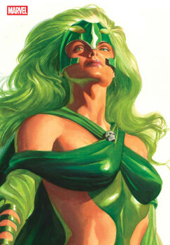 1girl alex_ross bra comic_cover company_name cover cover_page green_bra green_eyes green_hair green_sleeves green_tiara hashtag-only_commentary highres long_hair looking_to_the_side looking_up lorna_dane marvel midriff official_art polaris_(x-men) realistic skull solo underwear upper_body western_comics_(style) white_background x-men
