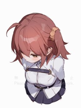 Rule 34 | 1girl, ahoge, arms behind back, belt, black belt, black skirt, blush, breasts, chaldea master uniform, commentary request, fate/grand order, fate (series), fomnant, from above, fujimaru ritsuka (female), hair ornament, hair scrunchie, highres, long sleeves, looking to the side, medium breasts, medium hair, orange scrunchie, red hair, scrunchie, shirt, side ponytail, simple background, skirt, solo, white background, white shirt, yellow eyes