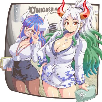 2girls blue_hair breasts cleavage lewdamone long_hair multicolored_hair multiple_girls one_piece ulti_(one_piece) yamato_(one_piece)