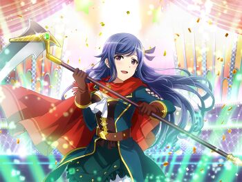 1girl brown_corset brown_gloves cape confetti corset game_cg gloves green_jacket green_skirt holding holding_scythe jacket kochou_shizuha long_hair long_sleeves looking_at_viewer official_art open_mouth purple_eyes purple_hair red_cape scythe shoujo_kageki_revue_starlight shoujo_kageki_revue_starlight_-re_live- skirt solo stage_lights standing upper_body