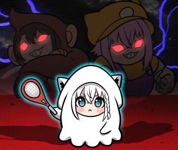 3girls :3 animal_costume animal_ears aqua_eyes blooper_(mario) blush_stickers braid brown_hair chibi commentary_request crossed_arms crossover dark_background donkey_kong evil_grin evil_smile fox_ears fox_girl fox_tail gloves glowing glowing_eyes grin hat highres holding holding_tennis_racket hololive kumarang lightning mario_(series) mario_tennis mario_tennis_fever monkey_costume multiple_girls nekomata_okayu nintendo oozora_subaru overalls projected_inset purple_hair racket red_eyes shadow shirakami_fubuki smile squid squid_costume star_(sky) tail tennis_racket virtual_youtuber wario white_gloves white_hair yellow_hat