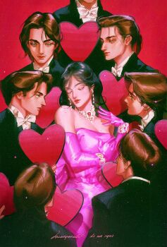 1girl 6+boys artist_name bare_shoulders black_hair black_jacket bow bowtie bracelet breasts brown_hair cleavage closed_eyes collared_shirt cosplay derivative_work diamond_(gemstone) diamond_earrings diamond_necklace dress earrings elbow_gloves eren_yeager facial_hair gentlemen_prefer_blondes gloves green_eyes hair_between_eyes half-closed_eyes heart highres holding holding_heart jacket jewelry lacampanule long_hair looking_at_another marilyn_monroe marilyn_monroe_(cosplay) medium_breasts medium_hair mikasa_ackerman multiple_boys pink_dress pink_gloves ponytail red_background red_lips shingeki_no_kyojin shirt short_hair strapless strapless_dress stubble suit_jacket upper_body white_bow white_bowtie white_shirt