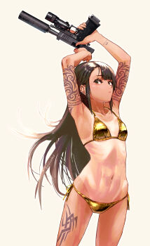 1girl absurdres arm_tattoo bikini breasts brown_eyes brown_hair cocking_gun commentary_request didloaded ear_piercing gold_bikini gun handgun highres holding holding_gun holding_weapon leg_tattoo long_hair looking_at_viewer navel original piercing side-tie_bikini_bottom simple_background small_breasts solo swimsuit tattoo weapon weapon_request white_background