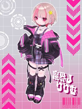 Rule 34 | 1girl, arm belt, barcode, bat necklace, belt, belt buckle, black belt, black collar, black jacket, black leg warmers, black straps, blunt bangs, blush, buckle, chain, chain necklace, character name, closed mouth, clothes writing, collar, colored inner hair, crop top, cross-laced clothes, cross-laced top, earclip, flame print, food print, fruit print, full body, gradient background, grey background, grey hair, grid background, hair intakes, hair ornament, hands up, hashtag-only commentary, heart, heart print, highres, jacket, jewelry, leg belt, leg tattoo, leg warmers, lightning bolt print, looking at viewer, loose belt, makaino ririmu, makaino ririmu (6th costume), midriff, miniskirt, multicolored hair, multiple belts, necklace, nijisanji, no headwear, o-ring, o-ring collar, o-ring thigh strap, off shoulder, open clothes, open jacket, pendant, pink background, pink belt, pink hair, pink jacket, pink shoes, pink skirt, pink streaks, plaid clothes, plaid skirt, pleated skirt, pointy ears, rai chamu, red eyes, shoes, short hair, skirt, sleeves past fingers, sleeves past wrists, smile, solo, spiked collar, spikes, standing, star (symbol), star hair ornament, strawberry print, streaked hair, tattoo, thigh strap, two-sided fabric, two-sided jacket, two-tone hair, two side up, unbuttoned, unzipped, virtual youtuber, winged heart, winged heart tattoo, wolf cut, zipper top