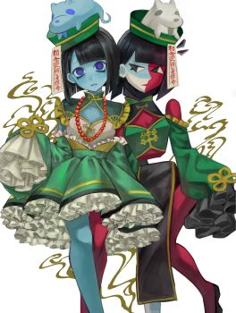 Rule 34 | 2girls, alternate costume, black eyes, blue skin, blunt bangs, blunt ends, bob cut, breasts, chinese clothes, cleavage, colored skin, detached sleeves, dog, dual persona, ena: dream bbq, ena (dream bbq), ena (series), ena (species), ena (web series), frilled skirt, frilled sleeves, frills, green hat, hangover ena, hat, highres, hourglass dog, jiangshi, looking at viewer, meanie ena, multicolored skin, multiple girls, simple background, skirt, split-color skin, two-tone skin, usagimarumei