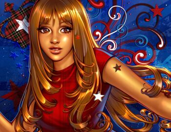 1girl babybeetlekat blonde_hair blue_background brown_eyes commentary dark-skinned_female dark_skin english_commentary eyelashes fashion flag_background flipped_hair floating_hair flourish_(design) frutiger_metro highres inward_flipped_hair lipgloss long_hair makeup mascara nose parted_lips pinkpantheress plaid_background plaid_clothes plaid_shirt portrait print_shirt real_life red_background red_shirt shiny_skin shirt short_sleeves sideways_glance sparkle sparkling_eyes star_(symbol) star_symbol_background straight_hair tight_clothes tight_shirt union_jack white_background wispy_bangs y2k_fashion