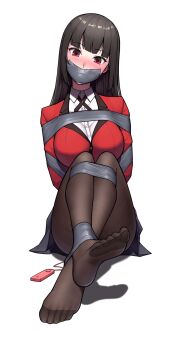 1girl bdsm black_hair black_pantyhose blunt_bangs bondage bound duct_tape gag gbeeee highres improvised_gag jabami_yumeko kakegurui long_hair looking_at_viewer pantyhose red_eyes restrained sex_toy shibari sitting solo tape tape_bondage tape_gag vibrator white_background