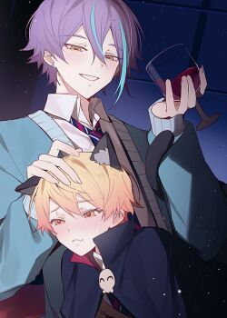 2boys alcohol animal_ears blonde_hair blush closed_mouth commentary cup drinking_glass earrings headpat heart heart-shaped_pupils highres holding holding_cup jewelry kamishiro_rui long_sleeves looking_at_another looking_to_the_side male_focus multiple_boys necktie project_sekai purple_hair red_wine single_earring sky smile star_(sky) starry_sky symbol-only_commentary symbol-shaped_pupils tail teeth tenma_tsukasa wine wine_glass yaoi yellow_eyes yuja03lelee