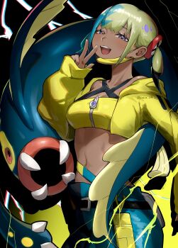 1girl absurdres aqua_hair bandeau belt black_belt black_mask black_pants blonde_hair blue_eyes blue_pants blush breasts canari_(pokemon) canari_plush_(pokemon) criss-cross_straps dark-skinned_female dark_skin eel eelektross electricity fangs fish gen_5_pokemon highres jacket lamprey long_sleeves looking_at_viewer mask mask_pull medium_breasts mega_stone mouth_mask multicolored_hair navel nintendo open_mouth pants pokemon pokemon_(creature) pokemon_legends:_z-a shiraki_(y_aira_srk) short_twintails smile split-color_hair sports_bra teeth twintails two-tone_hair two-tone_mask two-tone_pants upper_teeth_only w yellow_bandeau yellow_jacket yellow_mask yellow_sports_bra