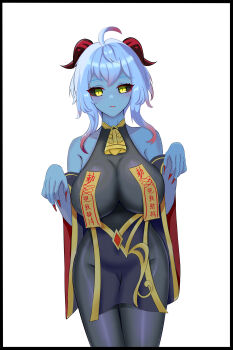 Rule 34 | 1girl, absurdres, ahoge, bare shoulders, bell, black pantyhose, black sclera, black thighhighs, blue hair, blue skin, breasts, chinese clothes, colored sclera, colored skin, commentary request, corruption, cowbell, dark persona, deadsmallbase, detached sleeves, fingernails, ganyu (genshin impact), genshin impact, goat horns, highres, horns, jiangshi, jiangshi costume, large breasts, long hair, looking at viewer, neck bell, ofuda, ofuda on clothes, ofuda on head, outstretched arms, pantyhose, pasties, pelvic curtain, sharp fingernails, sidelocks, simple background, slit pupils, solo, thighhighs, white background, yellow eyes, zombie pose