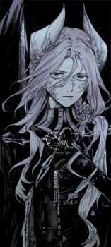 1girl black_background black_gloves closed_mouth gloves greyscale gyujik_qzc hair_ornament hand_up highres jacket long_hair looking_at_viewer military_uniform monochrome petrification reverse:1999 sentinel_(reverse:1999) solo upper_body