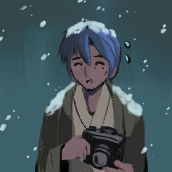 1boy blue_hair camera closed_eyes commentary_request crinoids facial_hair haori holding holding_camera izumi_soujirou japanese_clothes kimono lucky_star mole mole_under_eye night short_hair snow snow_on_head snowing stubble sweatdrop tan