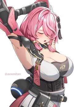 1girl adversarial_noise armpits arms_up black_collar blunt_tresses blush breasts cleavage closed_eyes collar hair_ornament hair_over_one_eye highres kogetsu_azami large_breasts low-tied_sidelocks mixed-language_commentary open_mouth pangu_terminal_(wuthering_waves) pink_hair pink_sleeves sidelocks solo stretching taoqi_(wuthering_waves) tassel tassel_hair_ornament white_background wuthering_waves