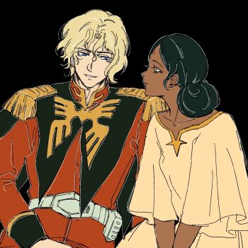 1boy 1girl bindi black_background black_hair blonde_hair blue_eyes char_aznable chinese_commentary commentary_request dark-skinned_female dark_skin dress epaulettes green_eyes gundam gundam_gquuuuuux hair_bun high_collar highres jacket lalah_sune long_sleeves looking_at_another lucy442684 military_jacket military_uniform mobile_suit_gundam open_mouth profile red_jacket short_hair simple_background smile upper_body yellow_dress