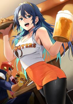 1boy 1girl :d alcohol alternate_breast_size alternate_costume bare_shoulders beer beer_mug black_pantyhose blue_eyes blue_hair blush breasts burger captain_falcon cleavage cup eating f-zero fire_emblem fire_emblem_awakening food french_fries gloves hair_between_eyes helmet highres holding holding_cup holding_food hooters indoors izawa_(bhive003) kirby large_breasts long_hair looking_at_viewer lucina_(fire_emblem) mug nintendo open_mouth orange_shorts pantyhose shiny_clothes shirt shorts smile super_smash_bros. table teeth tiara tongue upper_teeth_only waitress white_shirt