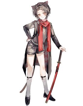 1boy absurdres animal_ears argyle_clothes argyle_coat belt black_coat black_jacket black_shoes black_shorts blush brown_hair buttons cat_boy cat_ears cat_tail closed_mouth coat enderrabbit full_body hand_on_own_hip highres holding holding_sword holding_weapon jacket kashuu_kiyomitsu katana kemonomimi_mode legwear_garter loafers male_focus mole mole_under_mouth open_clothes open_coat red_eyes red_scarf scarf shoes shorts simple_background smile socks solo sword tail touken_ranbu two-sided_coat two-sided_fabric weapon white_background white_belt white_socks