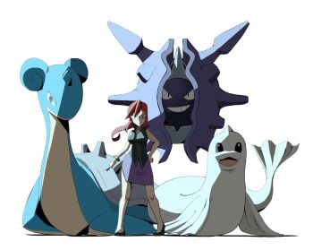 Rule 34 | black shirt, breasts, cloyster, contrapposto, dewgong, gen 1 pokemon, glasses, hand on own hip, high heels, highres, lapras, long hair, lorelei (pokemon), nintendo, pokemon, pokemon frlg, ponytail, psaber97, purple skirt, red eyes, red hair, shirt, sidelighting, skirt, white background