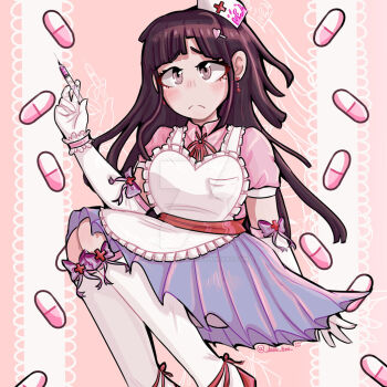 Rule 34 | 1girl, adapted costume, apron, apron pocket, blood, blood on hat, blue skirt, blush, bow, closed mouth, collared shirt, commentary, danganronpa (series), danganronpa 2: goodbye despair, deviantart logo, deviantart username, elbow gloves, eyelashes, frilled apron, frills, gloves, hair ornament, hairclip, hat, heart, heart hair ornament, heart hairclip, holding, holding syringe, instagram username, jadiebumblebee, kneehighs, long hair, neck ribbon, no nose, nurse cap, pill, pink blood, pink shirt, pocket, purple bow, purple eyes, purple hair, red ribbon, red sash, red shoes, ribbon, sash, shirt, shoes, short sleeves, skirt, socks, solo, syringe, tsumiki mikan, watermark, web address, white apron, white gloves, white hat, white socks