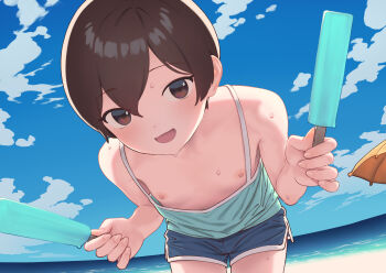 1girl beach beach_umbrella bent_over blue_sky blush brown_hair cloud cloudy_sky day downblouse dripping flat_chest food highres holding holding_food ice_cream loli looking_at_viewer marine_(sagano_yuuji) melting nipples ocean open_mouth original outdoors popsicle sagano_yuuji sand shade shorts sky smile solo summer sweat umbrella water