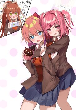 2girls absurdres b4_(yonten) blazer blue_eyes blue_skirt blush bow breasts brown_jacket collared_shirt commentary_request cupcake doki_doki_literature_club doki_doki_literature_club_school_uniform food green_eyes hair_bow hair_intakes hands_up heads_together highres hug hug_from_behind jacket lapels layered_sleeves long_hair long_sleeves looking_at_another medium_breasts miniskirt monika_(doki_doki_literature_club) multiple_girls natsuki_(doki_doki_literature_club) neck_ribbon notched_lapels one_side_up open_mouth orange_hair orange_sweater_vest partial_commentary phone pink_hair pleated_skirt ponytail red_bow red_ribbon ribbon sayori_(doki_doki_literature_club) school_uniform shirt short_hair simple_background skirt smile sweater_vest taking_picture thighs white_bow white_shirt yuri