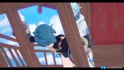 2boys 3d anal animated blue_hair bottomless kodomo_doushi chongyun_(genshin_impact) commentary english_commentary finger_to_mouth full_body genshin_impact holding_leg hornybesties leg_lift leg_up male_penetrated multiple_boys outstretched_arm sex shota shushing standing standing_on_one_leg standing_sex video xingqiu_(genshin_impact) yaoi