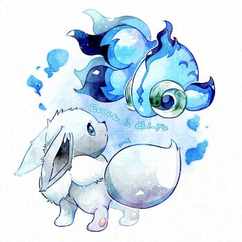 Rule 34 | alternate color, animal focus, blue eyes, character name, chi-yu (pokemon), eevee, fish, fluffy, full body, gen 1 pokemon, goldfish, grey fur, hashtag-only commentary, highres, looking at another, miketoevecan, neck fur, nintendo, no humans, pawpads, pokemon, pokemon (creature), pokemon focus, shiny pokemon, simple background, standing, white background, white fur