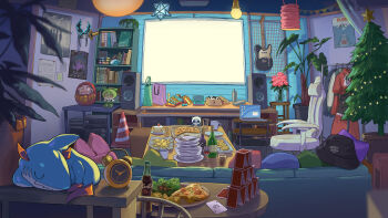 absurdly_detailed_composition absurdres alarm_clock bottle chair christmas_tree clock cola commentary_request computer couch daruma_doll electric_guitar food guitar highres house_of_cards indoors instrument lamp laptop loaded_interior no_humans office_chair original plant potted_plant projector_screen shelf soda_bottle speaker swivel_chair wawasuke