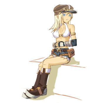 1girl belt belt_buckle belt_pouch bikini bikini_top_only black_gloves blonde_hair blue_eyes blue_shorts blush boots breasts brown_belt brown_boots brown_hat buckle commentary daisu_(geturei) elbow_gloves expressionless fingerless_gloves full_body gloves hat long_hair looking_at_viewer medium_breasts own_hands_together parted_lips peaked_cap pouch ragnarok_online short_shorts shorts simple_background sitting solo star_(symbol) swimsuit white_background white_bikini whitesmith_(ragnarok_online)