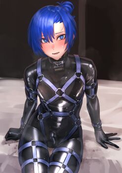 1boy absurdres black_bodysuit black_legwear blue_eyes blue_hair blush bodysuit bulge collar covered_penis erection erection_under_clothes gloves highres kilye_kairi latex latex_bodysuit latex_legwear looking_at_viewer male_focus original short_hair skin_tight solo sweat timer trap wet wet_clothes