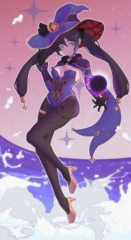 1girl absurdres aqua_eyes bad_id bad_pixiv_id black_gloves black_hair black_pantyhose breasts capelet chinese_commentary commentary floating full_body fur-trimmed_capelet fur_trim genshin_impact gloves gold_shoes hat high_heels highres hongdouni jewelry leotard long_hair looking_at_viewer mona_(genshin_impact) pantyhose print_pantyhose purple_capelet purple_hat purple_leotard shoes solo strapless strapless_leotard thighlet twintails witch_hat