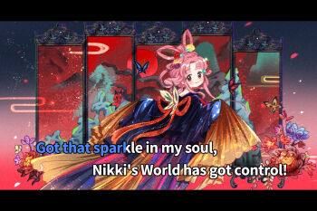 1girl aqua_flower aqua_rose artist_request back_ribbon beads black_border black_bow black_hanfu blue_butterfly blunt_bangs border bow bow-shaped_hair bug butterfly butterfly_wings chinese_clothes commentary english_commentary english_text feet_out_of_frame flower folding_screen frilled_sleeves frills from_behind gradient_background green_wings hair_flower hair_ornament hair_rings hanfu happy insect insect_wings into_screen_ashes_burn_(shining_nikki) letterboxed light_particles long_hair long_sidelocks long_sleeves looking_at_viewer looking_back lyrics mini_wings nikki_(nikki) nikki_(series) official_art orange_butterfly outstretched_arms parted_bangs petals pink_hair purple_flower purple_rose red_background red_flower red_ribbon red_rose ribbon rose rose_petals second-party_source shining_nikki sidelocks sleeves_past_fingers sleeves_past_wrists solo topknot two-tone_background wide_sleeves wings yellow_flower yellow_rose