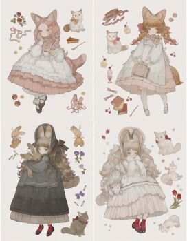 4girls animal_ear_fluff animal_ears apron black_bonnet black_dress bonnet book bow braid brown_eyes brown_hair cake cake_slice cat cat_ears cat_girl cat_tail cherry commentary cup cupcake dress flower food fork frilled_apron frills fruit full_body hair_bow hat highres holding holding_cup holding_stuffed_toy holding_suitcase long_hair long_sleeves looking_at_viewer mary_janes multiple_girls nekosuke_(oxo) original pink_dress red_flower red_socks ribbon shoes socks strawberry stuffed_animal stuffed_rabbit stuffed_toy stuffed_unicorn suitcase symbol-only_commentary tail teacup twin_braids unworn_hat unworn_headwear white_apron white_dress white_socks