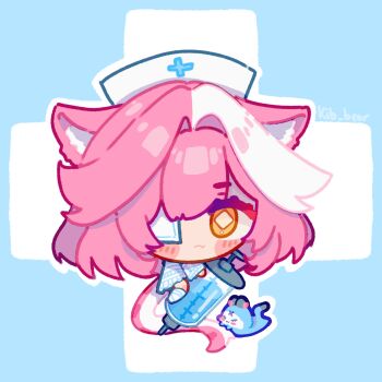 1girl animal_ears artist_name blue_background blue_dress blush chattino_(raora_panthera) chibi chibi_only closed_mouth commentary cross cross_print dress english_commentary eyepatch fang hair_intakes hat highres holding holding_syringe hololive hololive_english kib_bear long_sleeves looking_at_viewer medium_hair multicolored_hair nurse_cap one_eye_covered panther_ears panther_girl panther_tail pink_hair pink_tail raora_panthera skin_fang streaked_hair syringe tail twitter_username two-tone_hair virtual_youtuber white_hair white_hat yellow_eyes