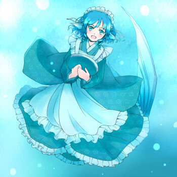 1girl :d apron aqua_eyes aqua_kimono blue_apron blue_hair commentary_request drill_hair fins fish_tail floral_print floral_print_kimono frilled_kimono frills full_body head_fins holding holding_tray japanese_clothes kimono light_blush long_sleeves looking_at_viewer maid_apron maid_headdress mermaid monster_girl open_mouth print_kimono rangycrow short_hair smile solo tail touhou tray twin_drills underwater wakasagihime