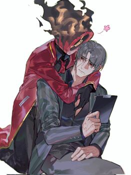 1boy 1other black_gloves black_pants black_shirt chinese_commentary clock coat commentary_request dante_(limbus_company) fire gloves grey_jacket highres hoyapaint hug hug_from_behind jacket lapels limbus_company necktie notched_lapels object_head other_with_male pants project_moon red_coat red_necktie shirt simple_background striped_clothes striped_jacket vergilius_(project_moon) white_background