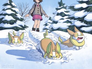Rule 34 | 1girl, 2024, 3others, artist name, bare legs, commentary, dated, day, effie lealand, english commentary, gen 8 pokemon, gloria (pokemon), green eyes, grey sweater, multiple others, nintendo, outdoors, pine tree, pink skirt, pointy ears, pokemon, pokemon (creature), pokemon swsh, shadow, skirt, smile, snow, sweater, tongue, tongue out, tree, winter, yamper