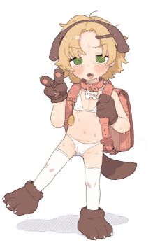 1girl @_@ animal_ears animal_hands backpack bag belt_collar bikini blonde_hair blush borrowed_character collar commentary_request crime_prevention_buzzer dog_ears dog_paws dog_tail flat_chest full_body gloves green_eyes hands_up highres kereno_(kereno) loli looking_at_viewer navel open_mouth original paw_gloves paw_shoes possummachine randoseru red_bag red_collar short_hair simple_background solo standing standing_on_one_leg swimsuit tail thighhighs v white_background white_bikini white_thighhighs
