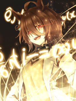 1girl absurdres agnes_tachyon_(tach-nology)_(umamusume) agnes_tachyon_(umamusume) ahoge animal_ears black_shirt brown_hair calculus chemical_structure commentary_request dark_background earrings equation eye_trail hair_between_eyes highres horse_ears horse_girl jewelry lab_coat light_trail long_sleeves looking_at_viewer math open_mouth physics red_eyes ruisuke shirt short_hair single_earring sleeves_past_fingers sleeves_past_wrists smile solo teeth umamusume upper_body upper_teeth_only