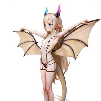 1girl absurdres asymmetrical_horns black_panties blonde_hair blue_eyes blue_horns body_markings breasts closed_mouth commission dragon_girl dragon_horns dragon_tail dragon_wings feet_out_of_frame highres horns long_hair mismatched_horns navel original outstretched_arms panties pasties pixiv_commission pointy_ears purple_horns see-through_clothes see-through_thighhighs simple_background small_breasts solo spread_wings standing sweetonedollar tail thighhighs underwear underwear_only very_long_hair white_background wings